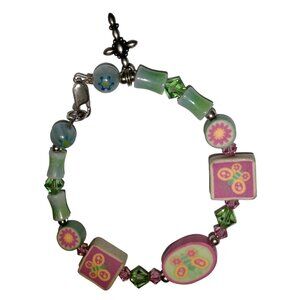 Girls Art  Bead crystal Bracelet Vintage 7 inch Spring Butterfly Cross Easter